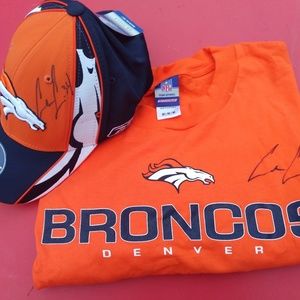 Signed Broncos shirt and hat
